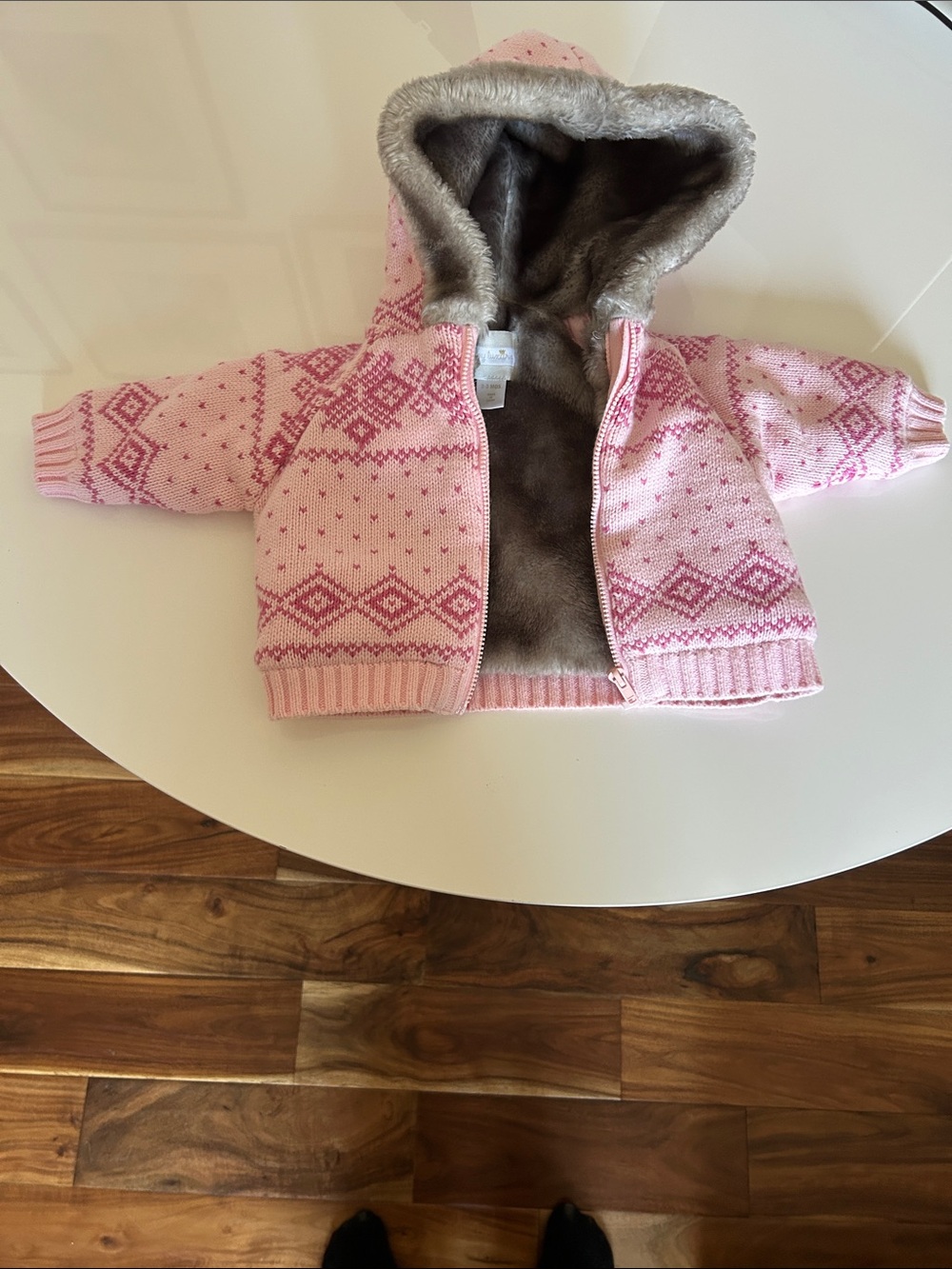 The Children's Place Pink Fair Isle Knit Hooded Jacket with Faux Fur Lining 0-3